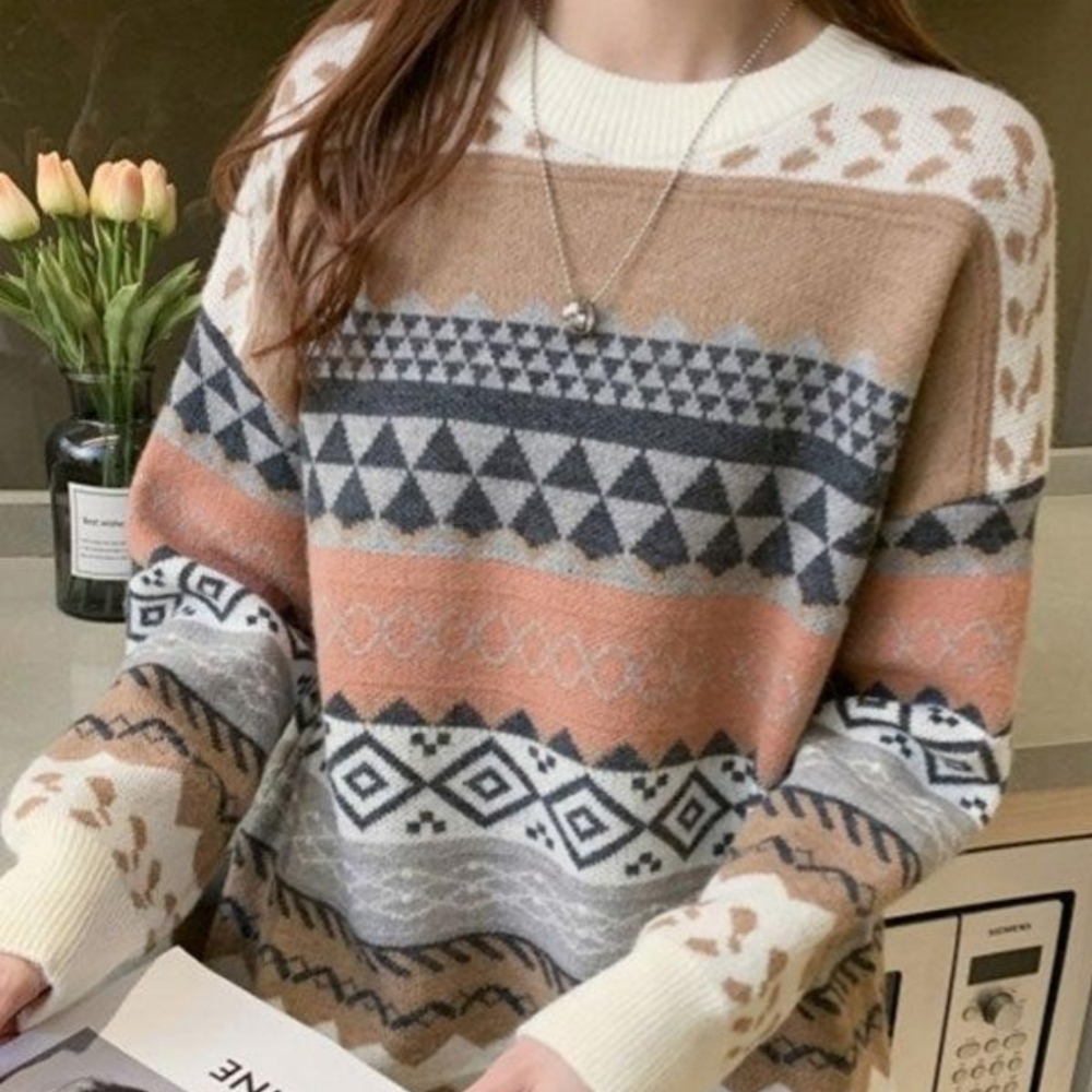 ROMANTIC HUT | Round Neck Brown Beige Stripes and Geo Pattern Sweater in Size L
